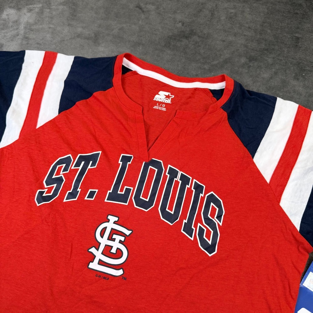 Starter SLC MLB Cardinals T Shirt Womens Large Red Raglan V Neck Striped Sleeve
